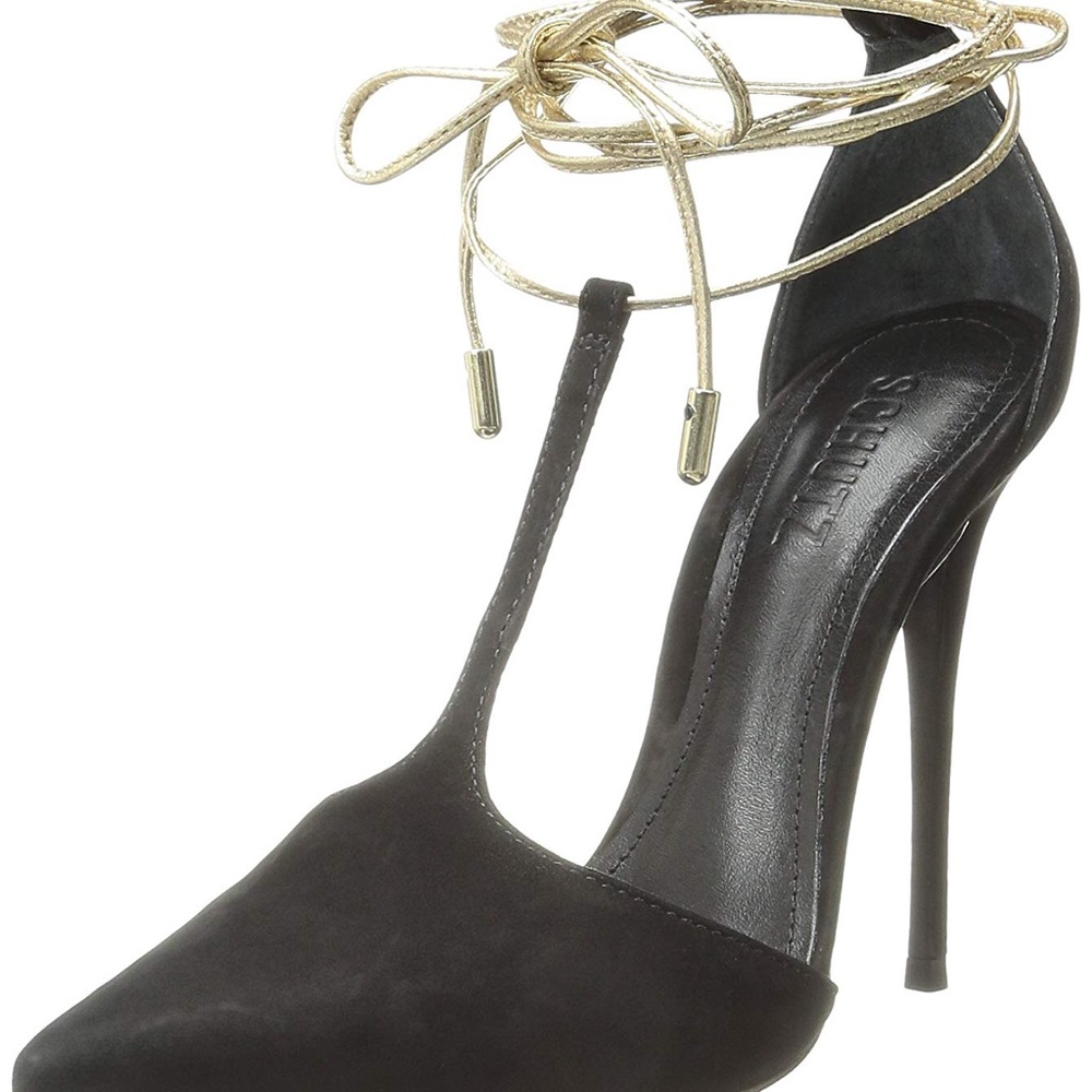 Schutz black suede ankle straps w/ gold size 7.5M